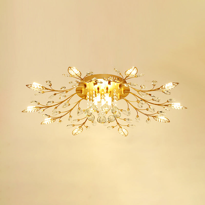 Gold Branches Ceiling Light Fixture Rustic Crystal Hallway LED Flush Mounted Lamp 10 Gold Clearhalo 'Ceiling Lights' 'Close To Ceiling Lights' 'Close to ceiling' 'Flush mount' Lighting' 2138132