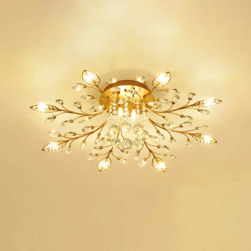 Gold Branches Ceiling Light Fixture Rustic Crystal Hallway LED Flush Mounted Lamp 8 Gold Clearhalo 'Ceiling Lights' 'Close To Ceiling Lights' 'Close to ceiling' 'Flush mount' Lighting' 2138133