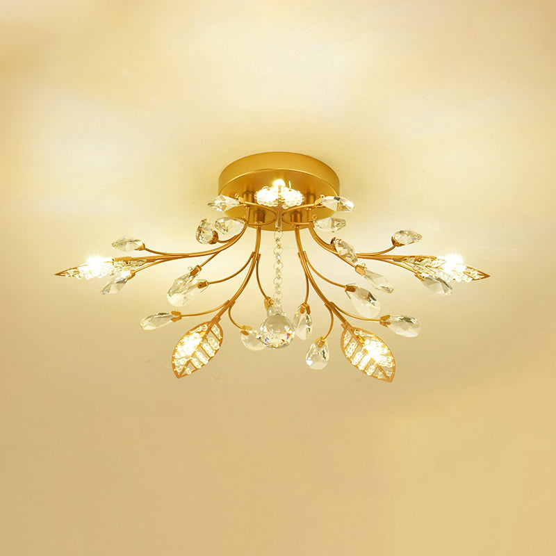 Gold Branches Ceiling Light Fixture Rustic Crystal Hallway LED Flush Mounted Lamp 5 Gold Clearhalo 'Ceiling Lights' 'Close To Ceiling Lights' 'Close to ceiling' 'Flush mount' Lighting' 2138134