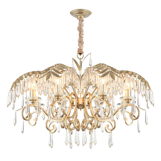 Crystal Palm Leaf Chandelier Colonial Style Dining Room Ceiling Suspension Lamp in Gold Clearhalo 'Ceiling Lights' 'Chandeliers' Lighting' options 2138138