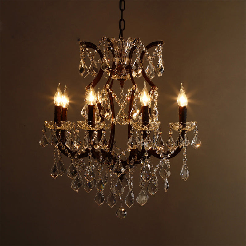 Vintage Candle Chandelier Pendant Light Crystal Draping Ceiling Hang Light in Rust Clearhalo 'Ceiling Lights' 'Chandeliers' Lighting' options 2138145