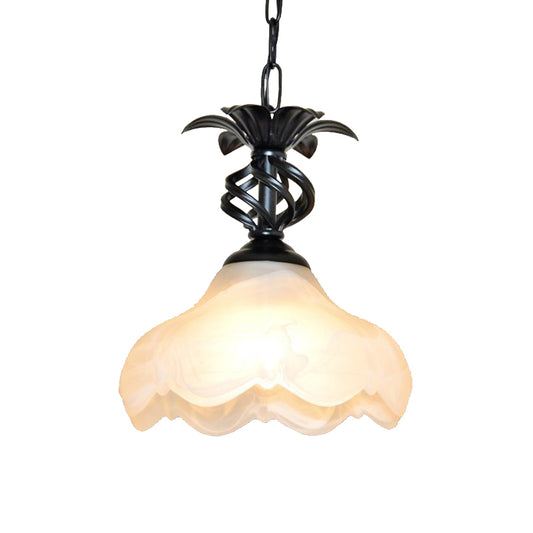 Traditional Scalloped Hanging Ceiling Light 1 Light Frosted Glass Pendant Lighting in Black/White for Corridor Clearhalo 'Ceiling Lights' 'Glass shade' 'Glass' 'Pendant Lights' 'Pendants' Lighting' 213819