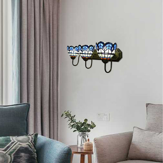 8"/9" W Stained Glass Bowl Wall Light Baroque 3 Lights Bathroom Sconce Light with Curved Arm in Blue Blue 9" Clearhalo 'Industrial' 'Middle century wall lights' 'Tiffany wall lights' 'Tiffany' 'Wall Lamps & Sconces' 'Wall Lights' Lighting' 21381