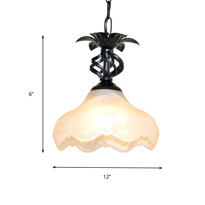 Traditional Scalloped Hanging Ceiling Light 1 Light Frosted Glass Pendant Lighting in Black/White for Corridor Clearhalo 'Ceiling Lights' 'Glass shade' 'Glass' 'Pendant Lights' 'Pendants' Lighting' 213820