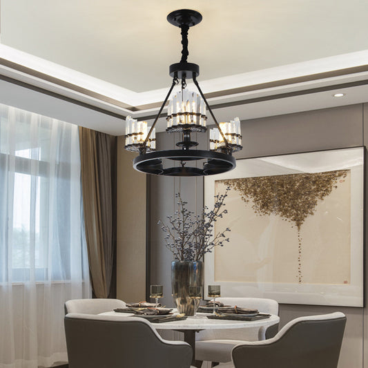 Circular Crystal Rods Chandelier Vintage Living Room Hanging Pendant Lamp in Black 3 Black