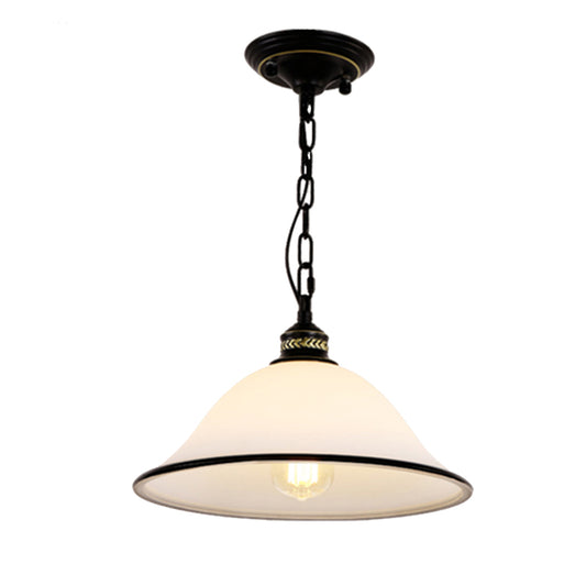 Classic Flared Pendant Lighting 1 Light White Glass Hanging Light Fixture in Black for Dining Room Clearhalo 'Ceiling Lights' 'Glass shade' 'Glass' 'Pendant Lights' 'Pendants' Lighting' 213824