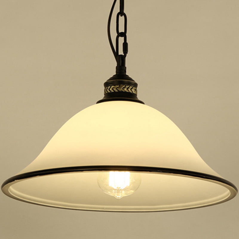 Classic Flared Pendant Lighting 1 Light White Glass Hanging Light Fixture in Black for Dining Room Clearhalo 'Ceiling Lights' 'Glass shade' 'Glass' 'Pendant Lights' 'Pendants' Lighting' 213826