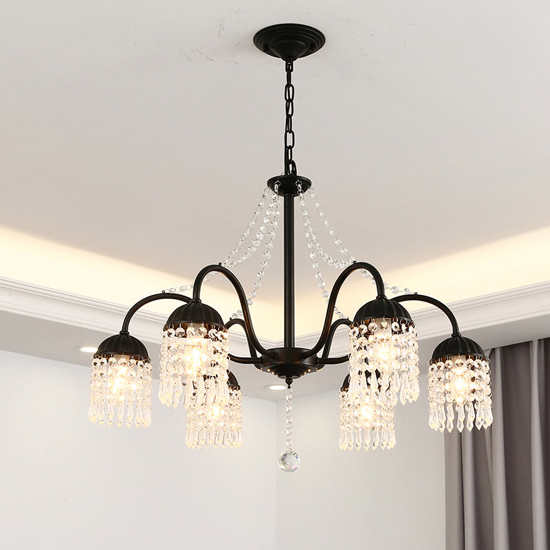 Crystal Tassel LED Chandelier Lamp Country Style Living Room Hanging Light Fixture 6 Black Clearhalo 'Ceiling Lights' 'Chandeliers' Lighting' options 2138268_548b08f0-59b0-4b82-9914-eb5e81a6e8d1