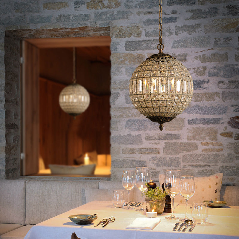 French Country Globe Pendant Chandelier Crystal-Encrusted Suspension Lamp in Brass Clearhalo 'Ceiling Lights' 'Chandeliers' Lighting' options 2138285