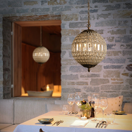 French Country Globe Pendant Chandelier Crystal-Encrusted Suspension Lamp in Brass Brass
