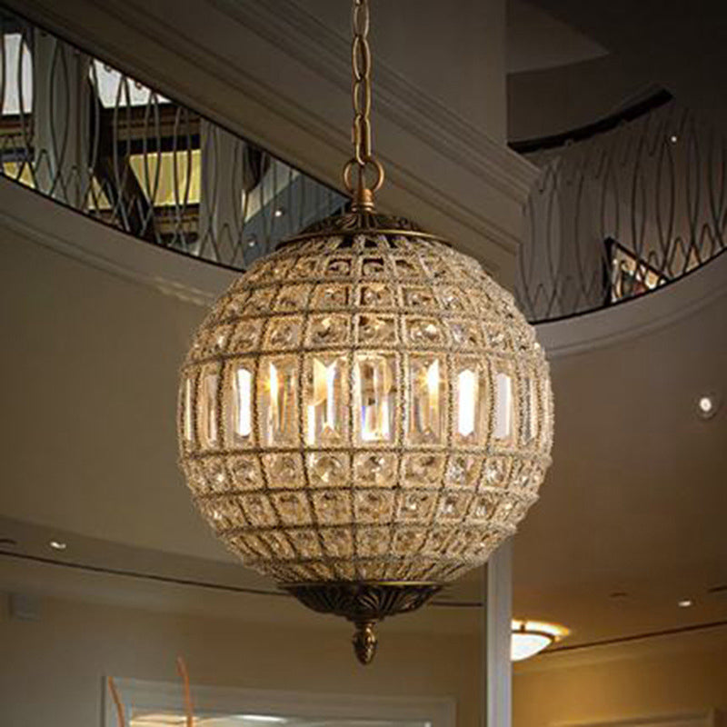 French Country Globe Pendant Chandelier Crystal-Encrusted Suspension Lamp in Brass Clearhalo 'Ceiling Lights' 'Chandeliers' Lighting' options 2138286