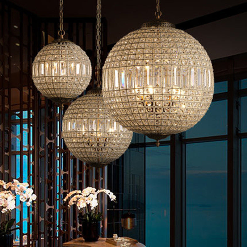 French Country Globe Pendant Chandelier Crystal-Encrusted Suspension Lamp in Brass Clearhalo 'Ceiling Lights' 'Chandeliers' Lighting' options 2138287