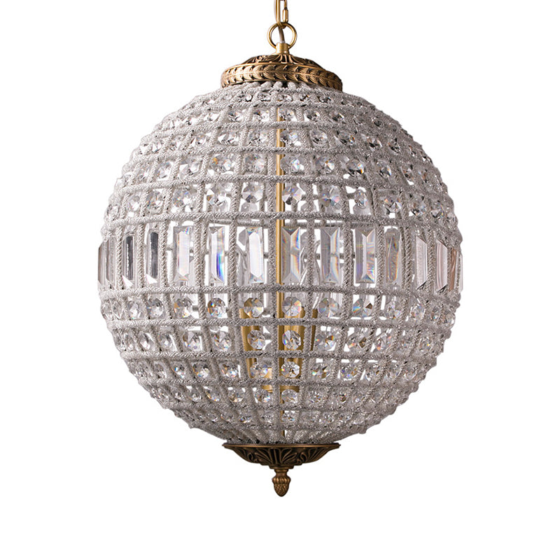 French Country Globe Pendant Chandelier Crystal-Encrusted Suspension Lamp in Brass Clearhalo 'Ceiling Lights' 'Chandeliers' Lighting' options 2138289