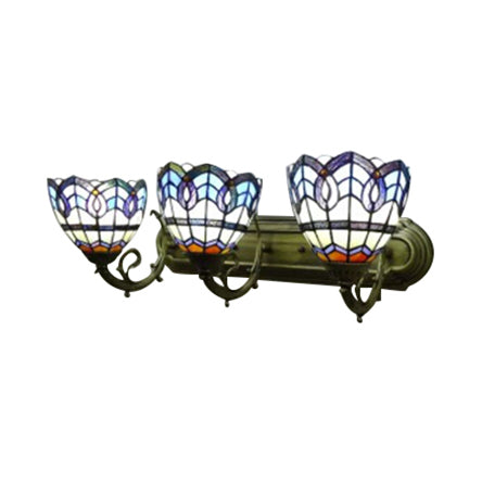 8"/9" W Stained Glass Bowl Wall Light Baroque 3 Lights Bathroom Sconce Light with Curved Arm in Blue Clearhalo 'Industrial' 'Middle century wall lights' 'Tiffany wall lights' 'Tiffany' 'Wall Lamps & Sconces' 'Wall Lights' Lighting' 21383