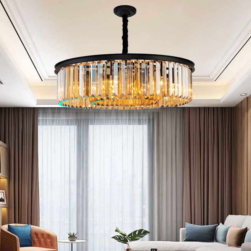 Smoke Grey Crystal Layered Chandelier Minimalist Dining Room Suspension Lighting in Black Clearhalo 'Ceiling Lights' 'Chandeliers' Lighting' options 2138314