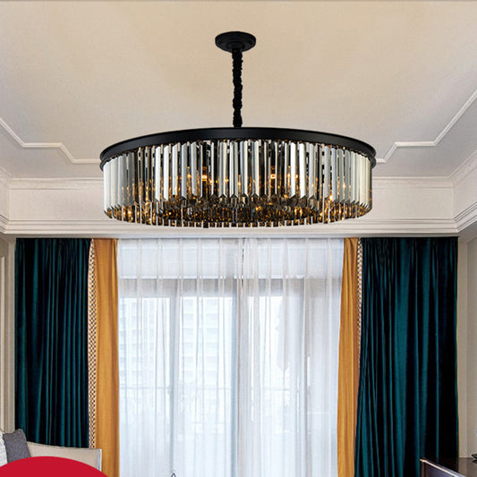 Smoke Grey Crystal Layered Chandelier Minimalist Dining Room Suspension Lighting in Black Clearhalo 'Ceiling Lights' 'Chandeliers' Lighting' options 2138315