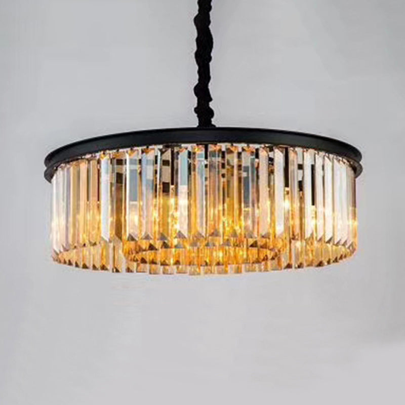 Smoke Grey Crystal Layered Chandelier Minimalist Dining Room Suspension Lighting in Black Clearhalo 'Ceiling Lights' 'Chandeliers' Lighting' options 2138316