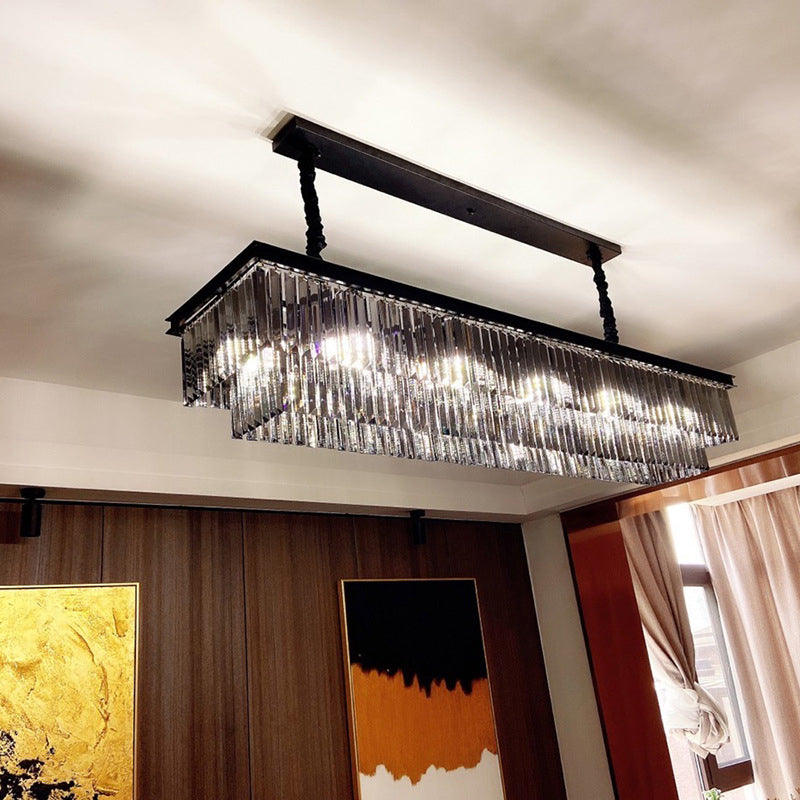 Smoke Grey Crystal Layered Chandelier Minimalist Dining Room Suspension Lighting in Black Clearhalo 'Ceiling Lights' 'Chandeliers' Lighting' options 2138317