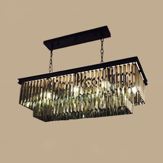 Smoke Grey Crystal Layered Chandelier Minimalist Dining Room Suspension Lighting in Black Clearhalo 'Ceiling Lights' 'Chandeliers' Lighting' options 2138318