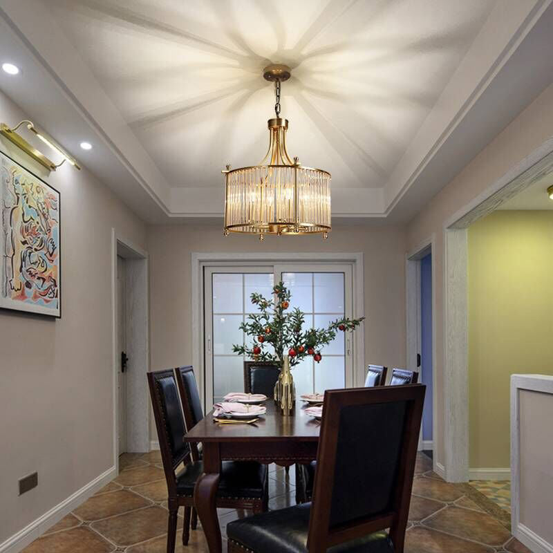 Drum Shaped Dining Room Chandelier Traditional Clear Glass Rod 4-Light Gold Ceiling Pendant Gold Clearhalo 'Ceiling Lights' 'Chandeliers' Lighting' options 2138328_3ba805dd-1770-4063-82f4-50b48f3cf8de