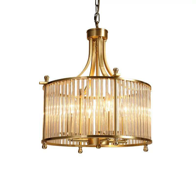 Drum Shaped Dining Room Chandelier Traditional Clear Glass Rod 4-Light Gold Ceiling Pendant Clearhalo 'Ceiling Lights' 'Chandeliers' Lighting' options 2138331