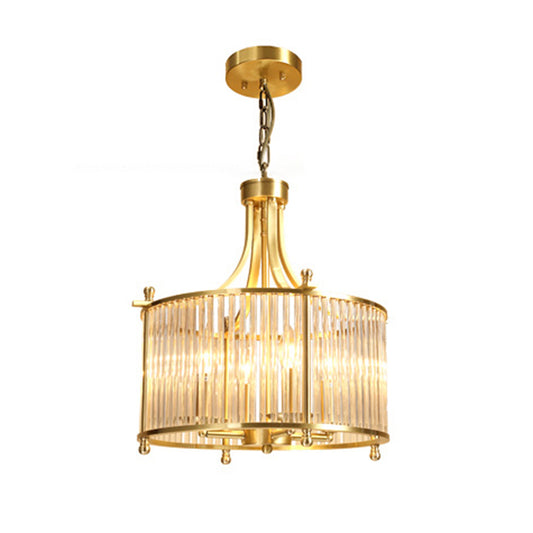 Drum Shaped Dining Room Chandelier Traditional Clear Glass Rod 4-Light Gold Ceiling Pendant Clearhalo 'Ceiling Lights' 'Chandeliers' Lighting' options 2138332