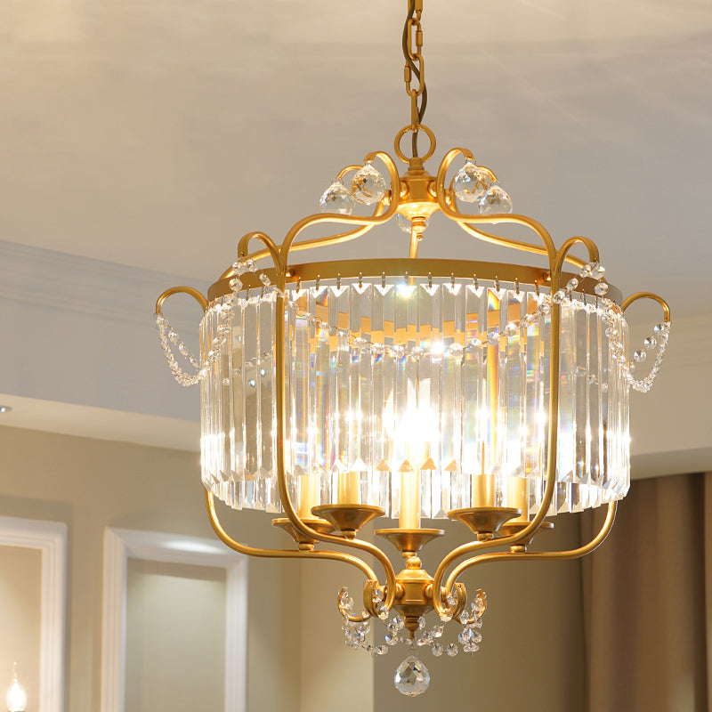 Candle Ceiling Chandelier Retro Prismatic Crystal Hanging Lamp with Scroll Frame 5 Gold Clear Clearhalo 'Ceiling Lights' 'Chandeliers' Lighting' options 2138333_e0369a3b-c88f-4d57-895a-90eb20394b9a