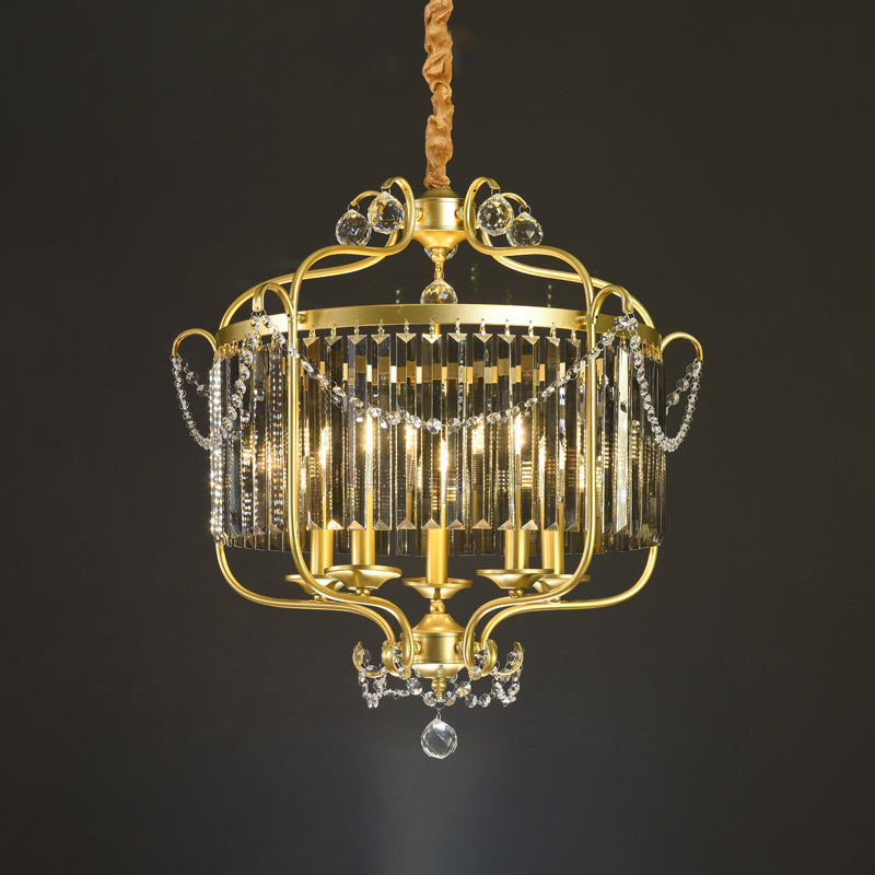 Candle Ceiling Chandelier Retro Prismatic Crystal Hanging Lamp with Scroll Frame 5 Gold Smoke Grey Clearhalo 'Ceiling Lights' 'Chandeliers' Lighting' options 2138334_2eebdced-5273-4a09-b86c-103ea9ff4f3d
