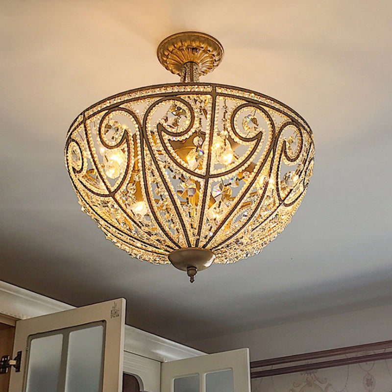 Antiqued Gold Hemisphere Flush Light Rustic Crystal Bead 5-Light Dining Room Ceiling Lamp Clearhalo 'Ceiling Lights' 'Close To Ceiling Lights' 'Close to ceiling' 'Flush mount' Lighting' 2138345