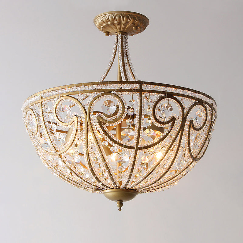 Antiqued Gold Hemisphere Flush Light Rustic Crystal Bead 5-Light Dining Room Ceiling Lamp Clearhalo 'Ceiling Lights' 'Close To Ceiling Lights' 'Close to ceiling' 'Flush mount' Lighting' 2138346