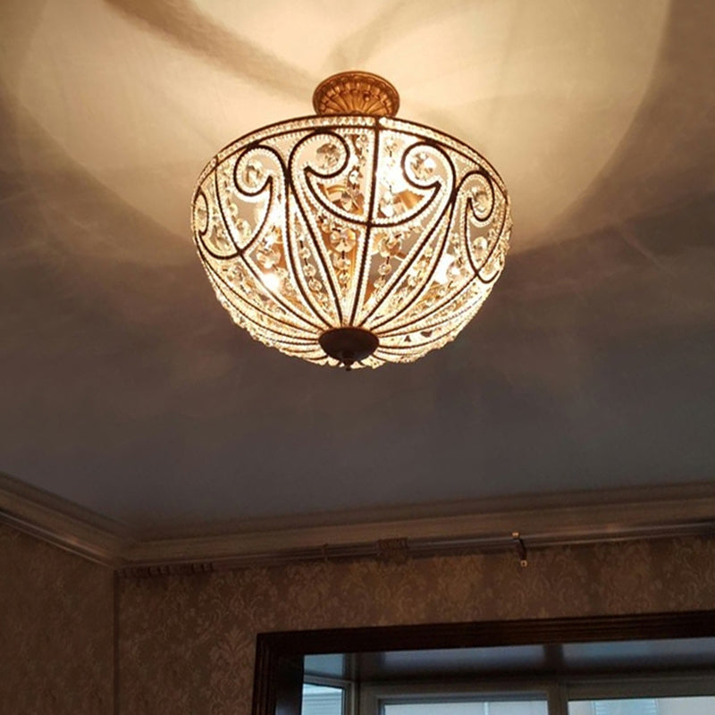 Antiqued Gold Hemisphere Flush Light Rustic Crystal Bead 5-Light Dining Room Ceiling Lamp Clearhalo 'Ceiling Lights' 'Close To Ceiling Lights' 'Close to ceiling' 'Flush mount' Lighting' 2138347