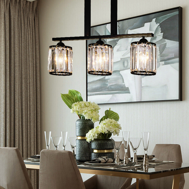 3-Light Cylindrical Island Pendant Rustic Black Prismatic Crystal Ceiling Pendant over Table Clearhalo 'Ceiling Lights' 'Island Lights' Lighting' 2138358