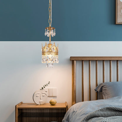 Gold Crown-Shape Ceiling Pendant Antique Metal Single Bedroom Hanging Lamp with Crystal Drops Gold 6.5" Clearhalo 'Ceiling Lights' 'Pendant Lights' 'Pendants' Lighting' 2138379_74dcb5ae-8877-4939-9c18-143109330618