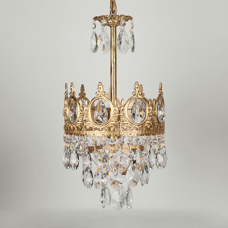 Gold Crown-Shape Ceiling Pendant Antique Metal Single Bedroom Hanging Lamp with Crystal Drops Gold 8.5" Clearhalo 'Ceiling Lights' 'Pendant Lights' 'Pendants' Lighting' 2138382_f81ddb04-64fb-491d-88bb-aa15e7518c22