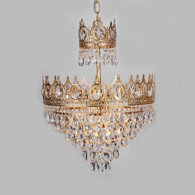 Gold Crown-Shape Ceiling Pendant Antique Metal Single Bedroom Hanging Lamp with Crystal Drops Gold 18" Clearhalo 'Ceiling Lights' 'Pendant Lights' 'Pendants' Lighting' 2138384_ed8424be-9623-4df0-9b4b-25e1e045f280