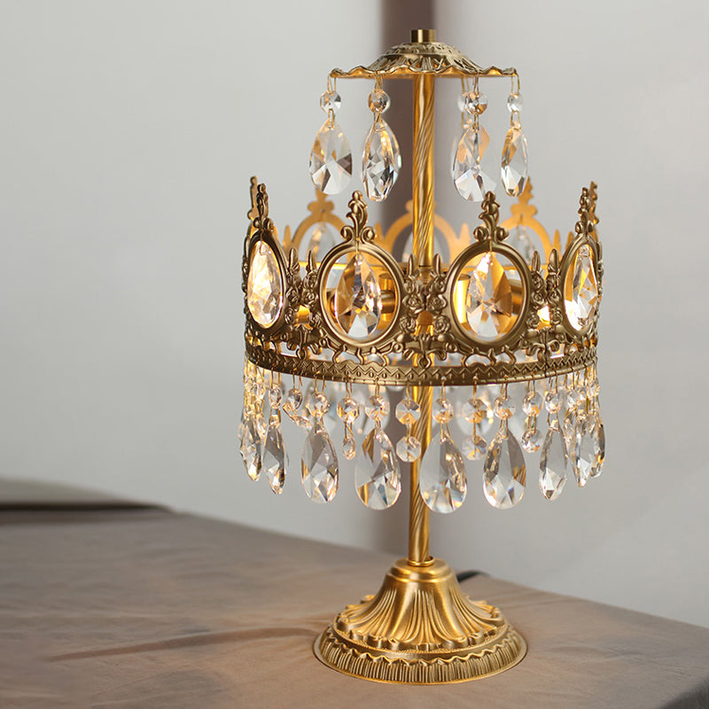 Single-Bulb Nightstand Lamp Antique Crown Shaped Crystal Table Light in Gold for Bedroom Gold Clearhalo 'Lamps' 'Table Lamps' Lighting' 2138385