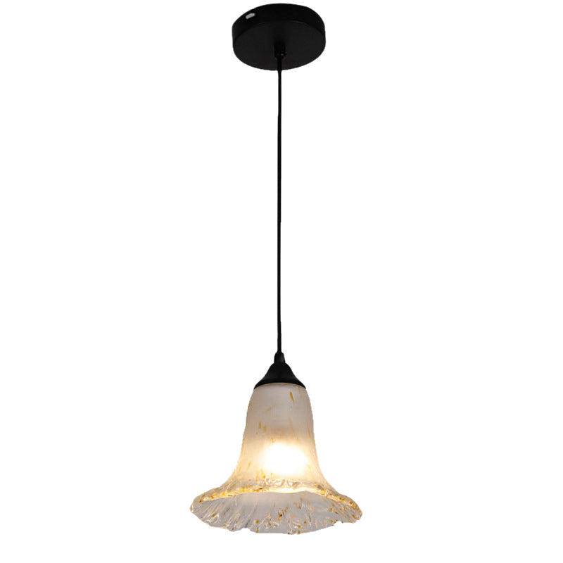 1 Light Hanging Ceiling Light with Flower Shade Frosted Glass Classic Dining Room Pendant Lighting in Black Clearhalo 'Ceiling Lights' 'Glass shade' 'Glass' 'Pendant Lights' 'Pendants' Lighting' 213844