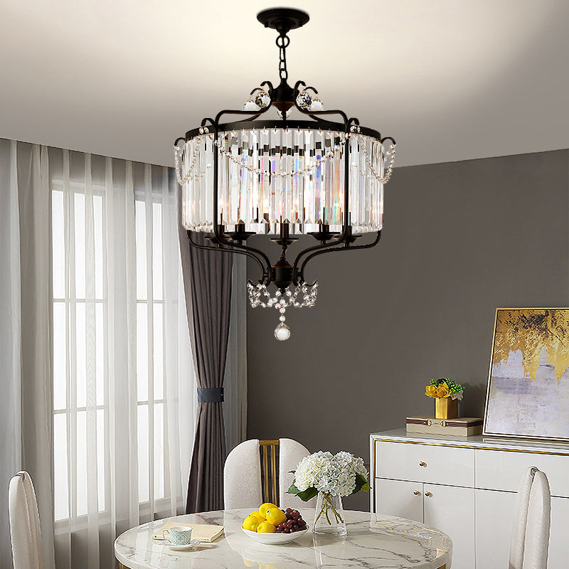 Clear K9 Crystal Chandelier Vintage Black Round Dining Room Hanging Light Fixture 5 Black Clearhalo 'Ceiling Lights' 'Chandeliers' Lighting' options 2138465_587a7517-13a4-49bb-82b9-3bc53bcdaf6b