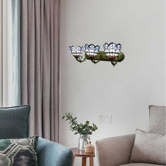 8"/9" W Stained Glass Bowl Wall Light Baroque 3 Lights Bathroom Sconce Light with Curved Arm in Blue Blue 8" Clearhalo 'Industrial' 'Middle century wall lights' 'Tiffany wall lights' 'Tiffany' 'Wall Lamps & Sconces' 'Wall Lights' Lighting' 21384
