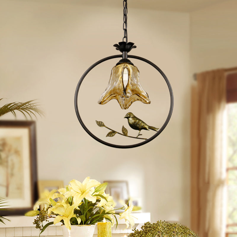 1 Light Pendant Lighting Classic Round/Oval Tan Textured Glass Hanging Ceiling Light in Black with Bird Clearhalo 'Ceiling Lights' 'Glass shade' 'Glass' 'Pendant Lights' 'Pendants' Lighting' 213862
