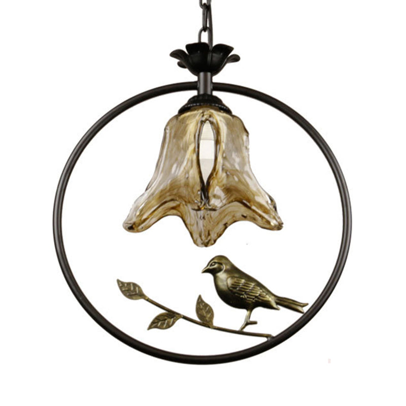 1 Light Pendant Lighting Classic Round/Oval Tan Textured Glass Hanging Ceiling Light in Black with Bird Clearhalo 'Ceiling Lights' 'Glass shade' 'Glass' 'Pendant Lights' 'Pendants' Lighting' 213863