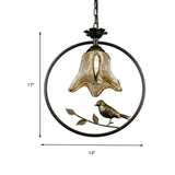 1 Light Pendant Lighting Classic Round/Oval Tan Textured Glass Hanging Ceiling Light in Black with Bird Clearhalo 'Ceiling Lights' 'Glass shade' 'Glass' 'Pendant Lights' 'Pendants' Lighting' 213864