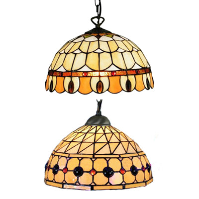 Dining Room Lighting with Circle/Gem Pattern Tiffany Jeweled Ceiling Pendant Lamp with Chain and Stained Glass Shade Clearhalo 'Ceiling Lights' 'Industrial' 'Middle Century Pendants' 'Pendant Lights' 'Pendants' 'Tiffany close to ceiling' 'Tiffany Pendants' 'Tiffany' Lighting' 21392