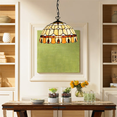 Dining Room Lighting with Circle/Gem Pattern Tiffany Jeweled Ceiling Pendant Lamp with Chain and Stained Glass Shade Beige Gem Clearhalo 'Ceiling Lights' 'Industrial' 'Middle Century Pendants' 'Pendant Lights' 'Pendants' 'Tiffany close to ceiling' 'Tiffany Pendants' 'Tiffany' Lighting' 21395