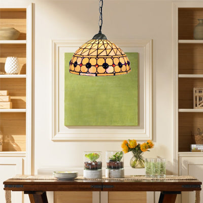 Dining Room Lighting with Circle/Gem Pattern Tiffany Jeweled Ceiling Pendant Lamp with Chain and Stained Glass Shade Beige Circle Clearhalo 'Ceiling Lights' 'Industrial' 'Middle Century Pendants' 'Pendant Lights' 'Pendants' 'Tiffany close to ceiling' 'Tiffany Pendants' 'Tiffany' Lighting' 21398