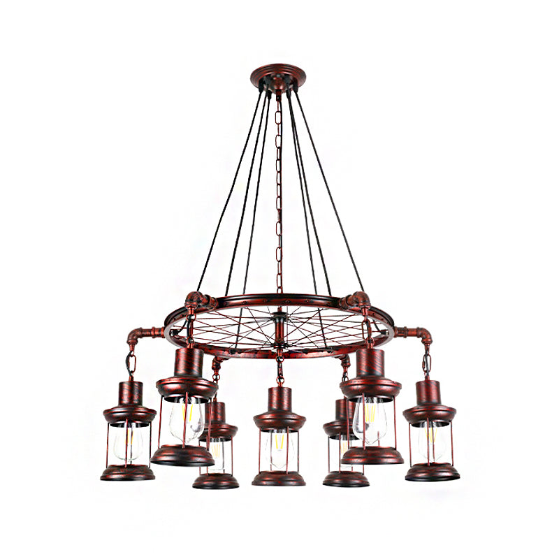 Weathered Copper 7 Lights Chandelier Light Fixture Coastal Metal Lantern Pendant Lamp with Gear/Circle Clearhalo 'Cast Iron' 'Ceiling Lights' 'Chandeliers' 'Industrial Chandeliers' 'Industrial' 'Metal' 'Middle Century Chandeliers' 'Rustic Chandeliers' 'Tiffany' Lighting' 214591