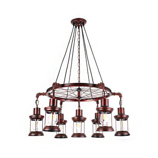Weathered Copper 7 Lights Chandelier Light Fixture Coastal Metal Lantern Pendant Lamp with Gear/Circle Clearhalo 'Cast Iron' 'Ceiling Lights' 'Chandeliers' 'Industrial Chandeliers' 'Industrial' 'Metal' 'Middle Century Chandeliers' 'Rustic Chandeliers' 'Tiffany' Lighting' 214591