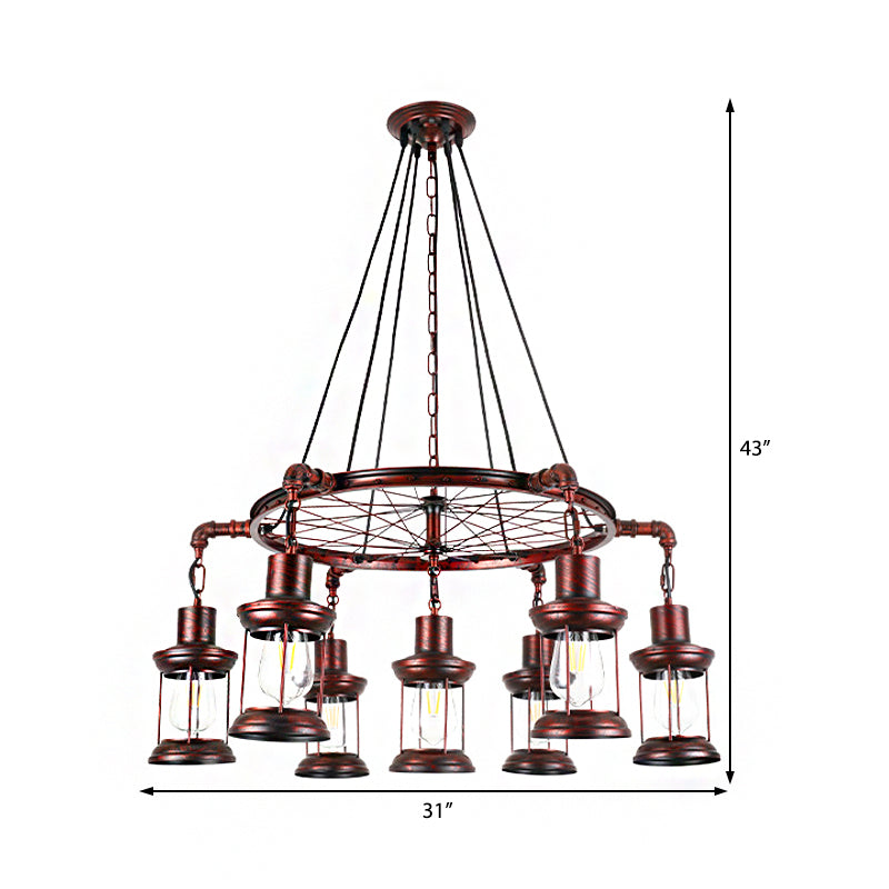Weathered Copper 7 Lights Chandelier Light Fixture Coastal Metal Lantern Pendant Lamp with Gear/Circle Clearhalo 'Cast Iron' 'Ceiling Lights' 'Chandeliers' 'Industrial Chandeliers' 'Industrial' 'Metal' 'Middle Century Chandeliers' 'Rustic Chandeliers' 'Tiffany' Lighting' 214592