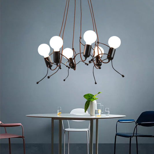 3/6 Bulbs Human Shape Chandelier Light Industrial Black Metal Hanging Ceiling Fixture Dining Room 6 Black Clearhalo 'Cast Iron' 'Ceiling Lights' 'Chandeliers' 'Industrial Chandeliers' 'Industrial' 'Metal' 'Middle Century Chandeliers' 'Rustic Chandeliers' 'Tiffany' Lighting' 214601