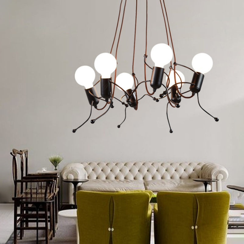 3/6 Bulbs Human Shape Chandelier Light Industrial Black Metal Hanging Ceiling Fixture Dining Room Clearhalo 'Cast Iron' 'Ceiling Lights' 'Chandeliers' 'Industrial Chandeliers' 'Industrial' 'Metal' 'Middle Century Chandeliers' 'Rustic Chandeliers' 'Tiffany' Lighting' 214602
